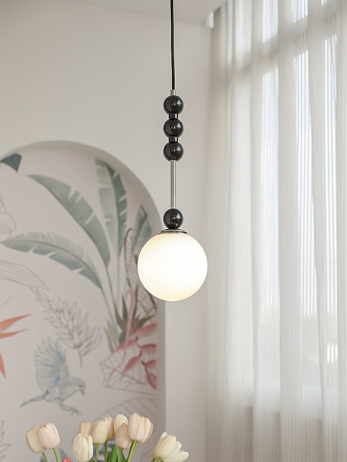 Bola Modern Pendant Light with Opal Glass Globe and Black Spheres