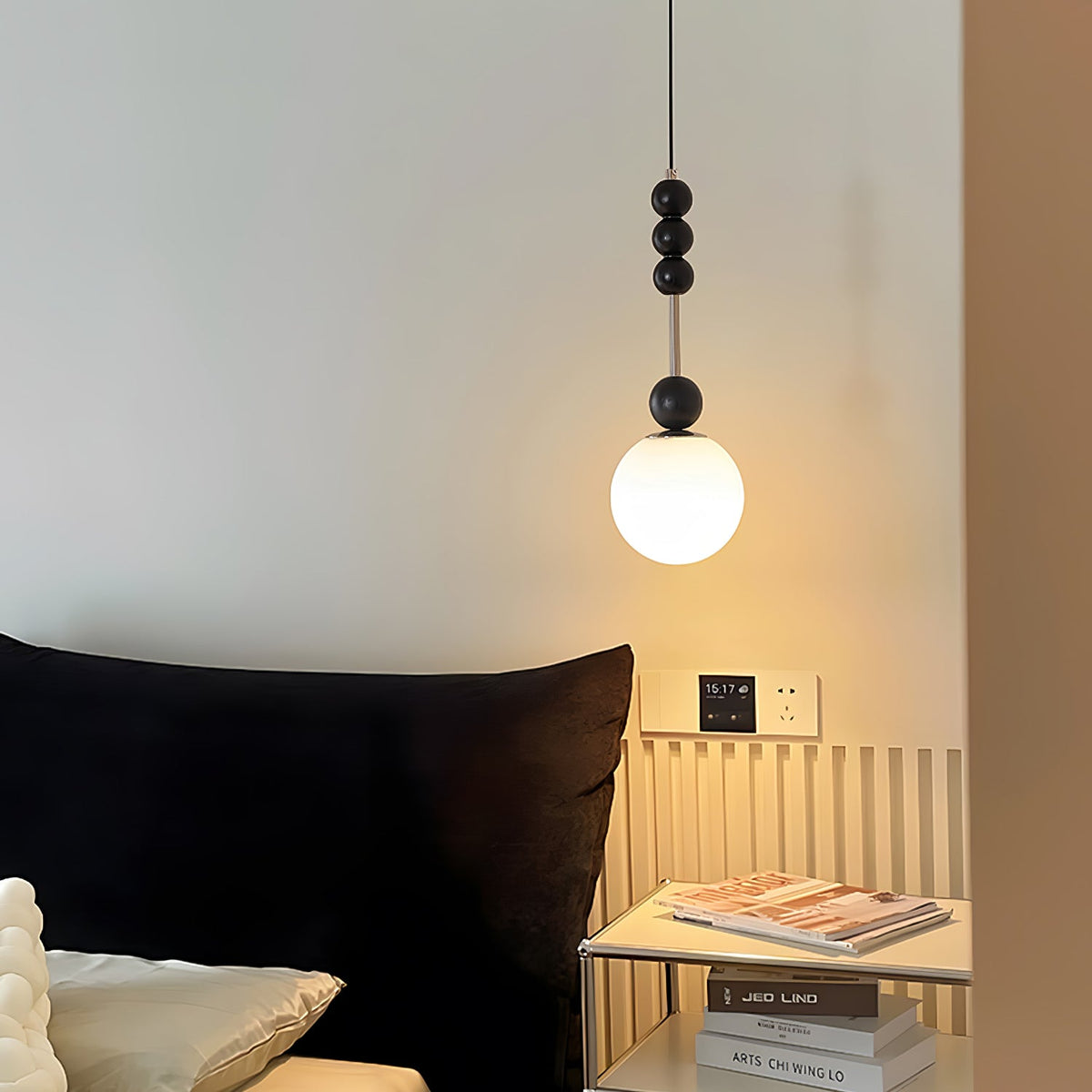 Bola Modern Pendant Light with Opal Glass Globe and Black Spheres