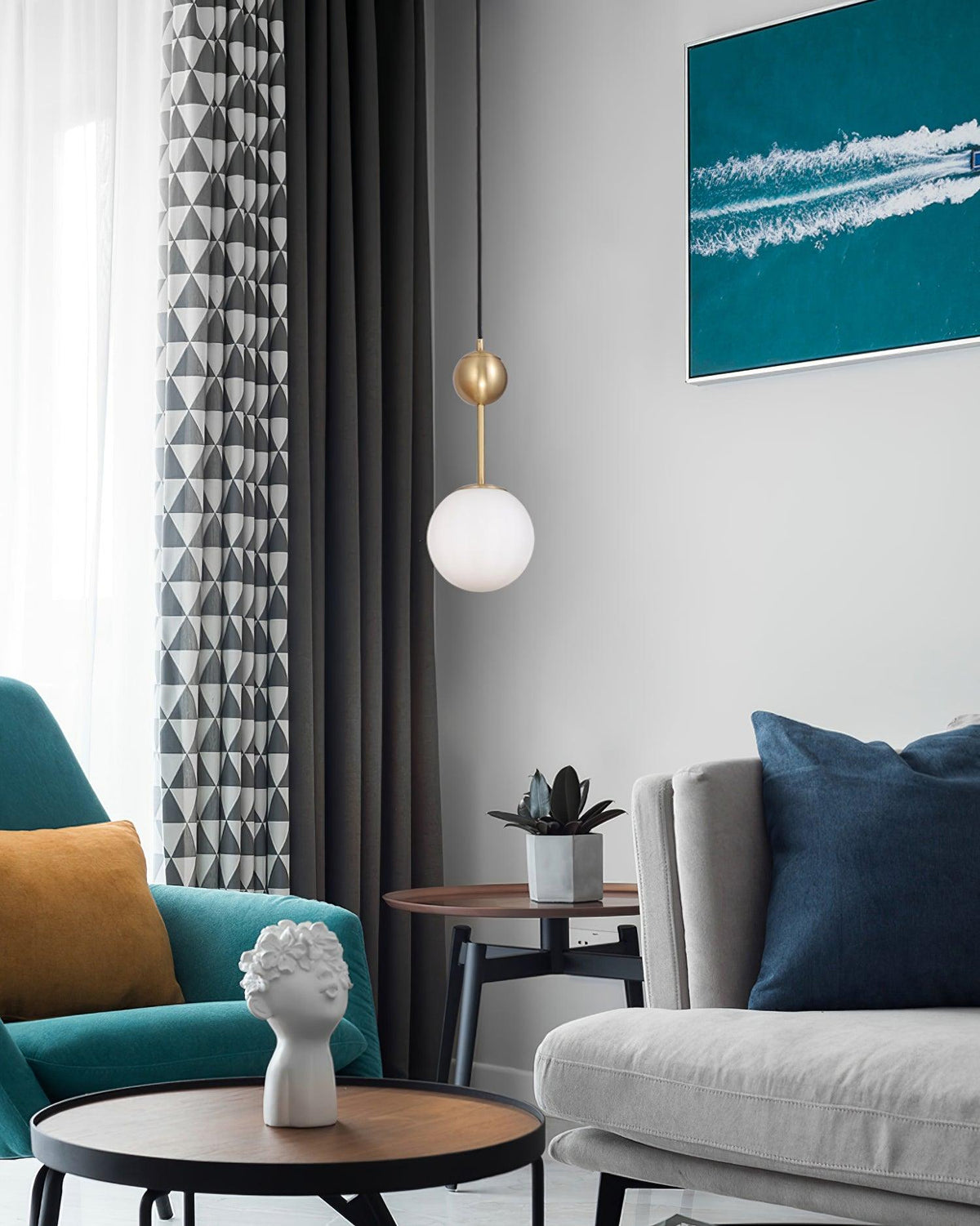 Born Pendant Light in Polished Brass and Opal Glass, Modern Minimalist Ceiling Lamp