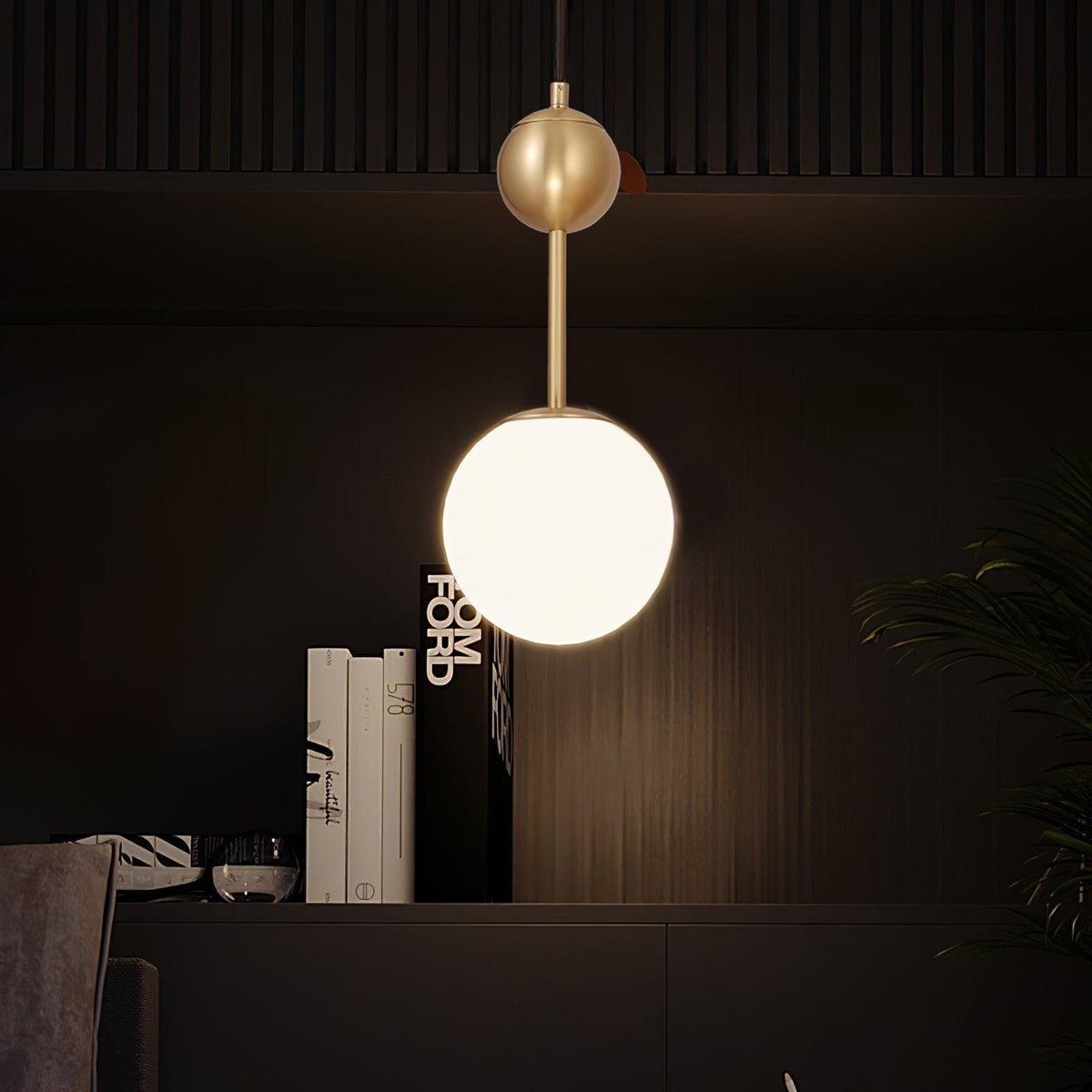 Born Pendant Light in Polished Brass and Opal Glass, Modern Minimalist Ceiling Lamp