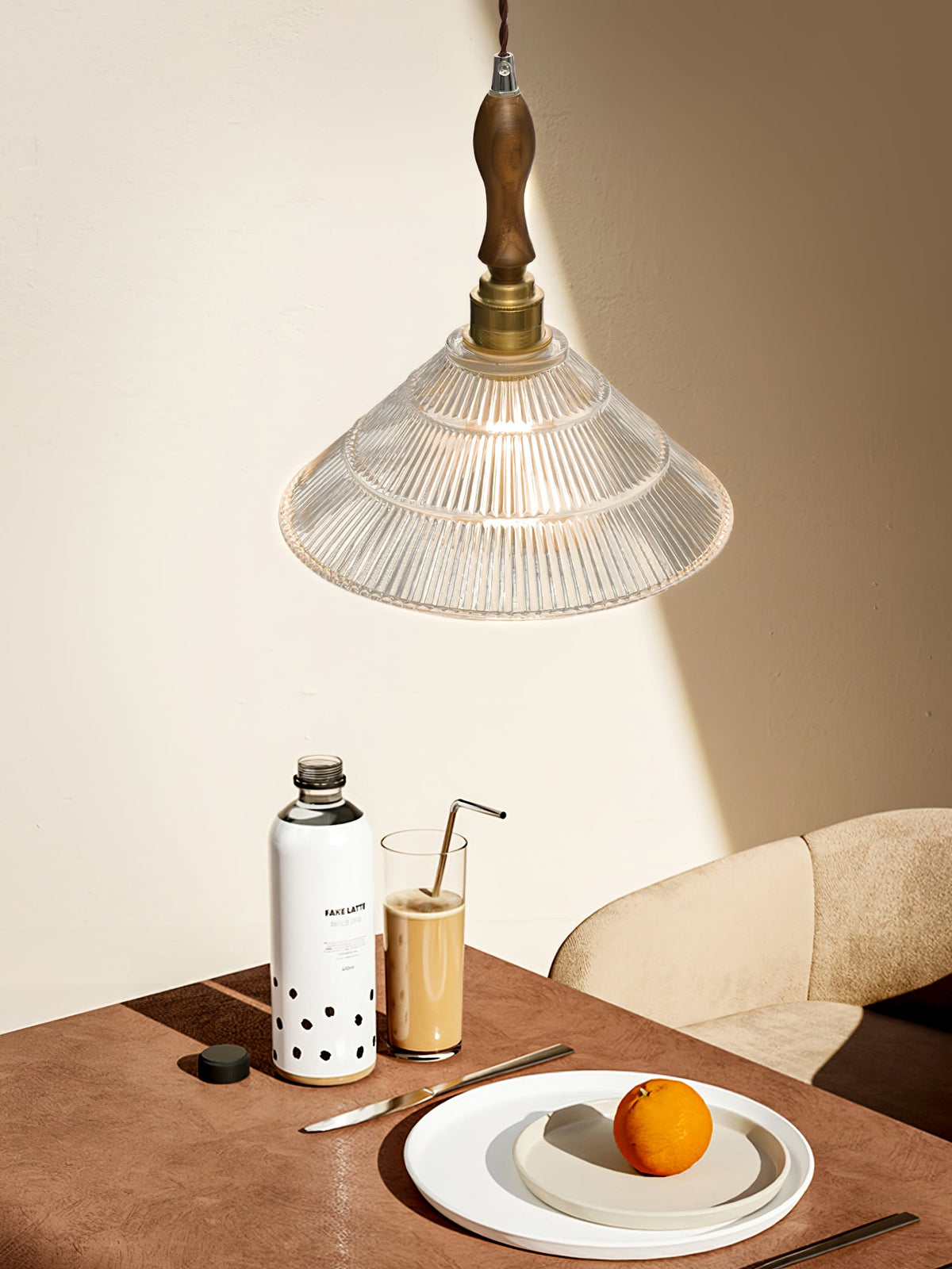 Ripple Glass Pendant Light with Walnut Accents for Modern Interiors