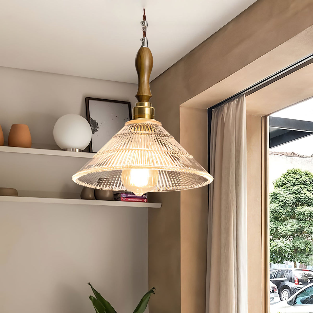 Ripple Glass Pendant Light with Walnut Accents for Modern Interiors