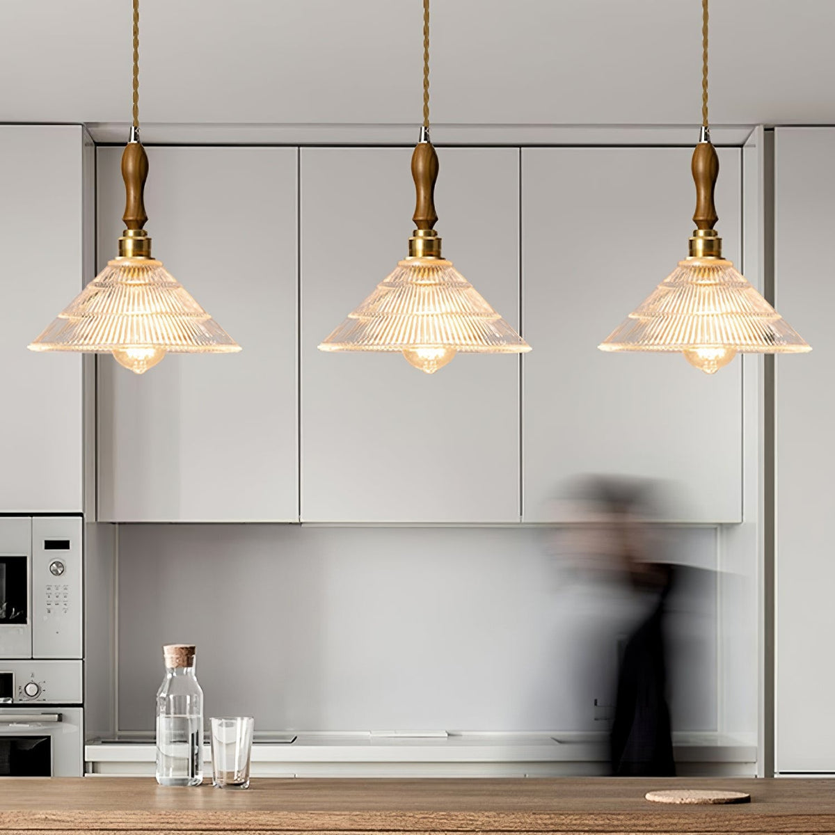 Ripple Glass Pendant Light with Walnut Accents for Modern Interiors