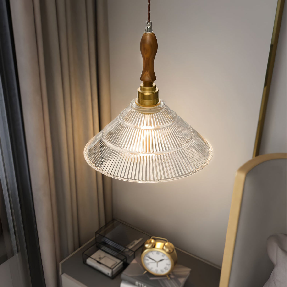 Ripple Glass Pendant Light with Walnut Accents for Modern Interiors