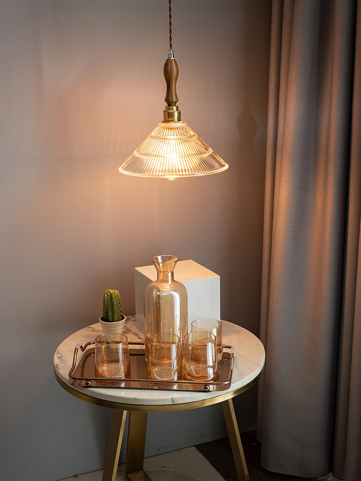 Ripple Glass Pendant Light with Walnut Accents for Modern Interiors