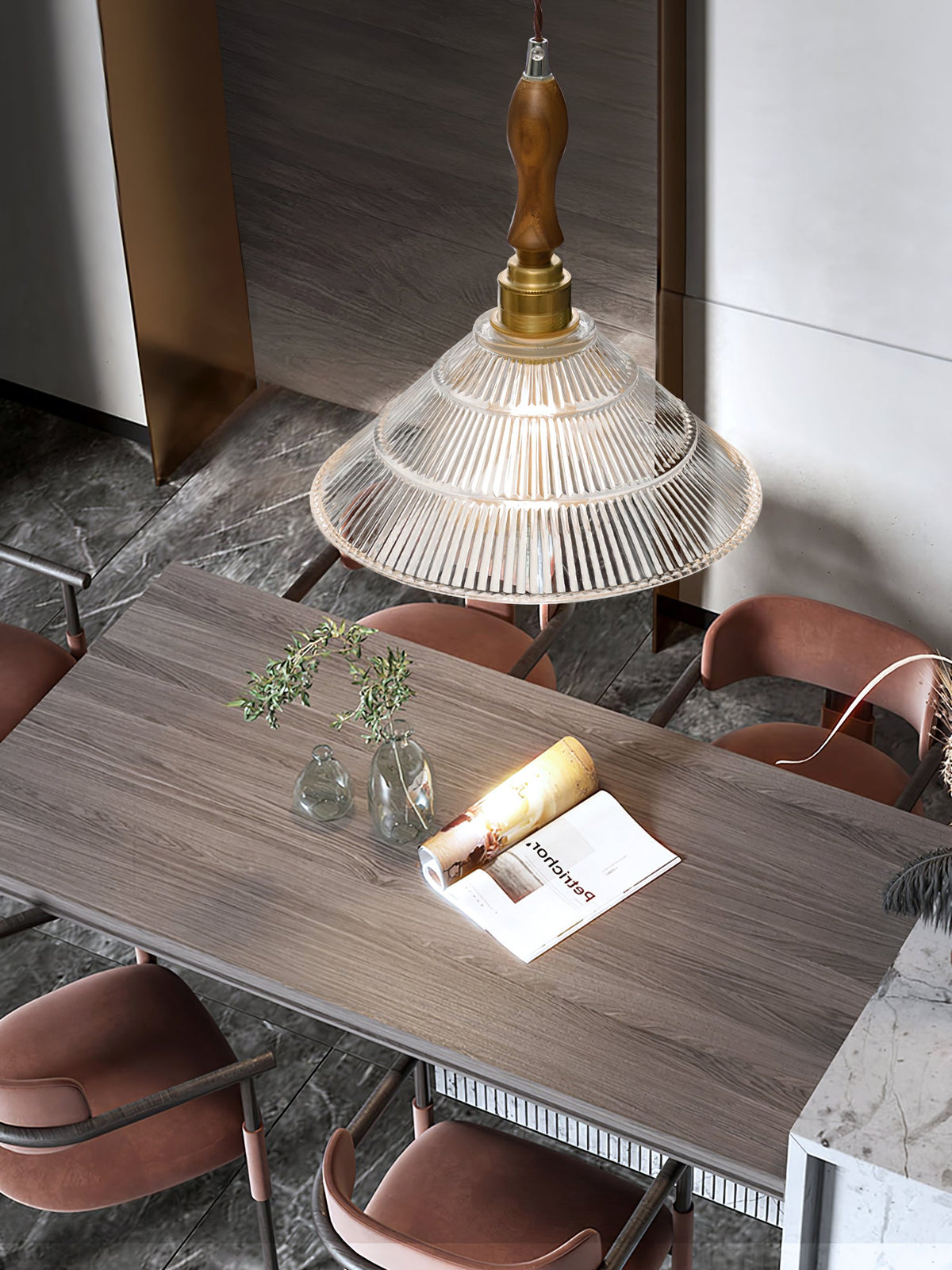 Ripple Glass Pendant Light with Walnut Accents for Modern Interiors