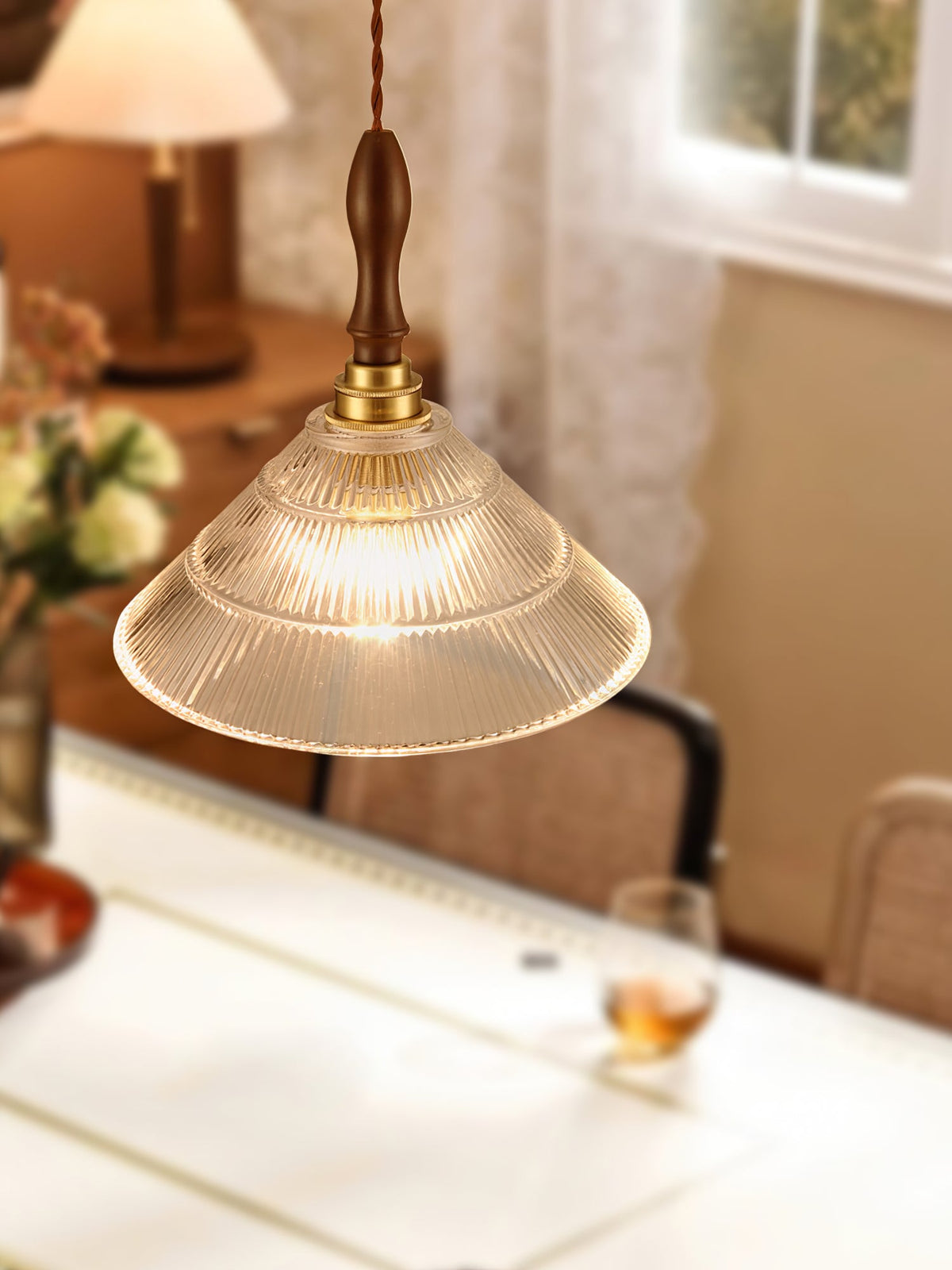 Ripple Glass Pendant Light with Walnut Accents for Modern Interiors