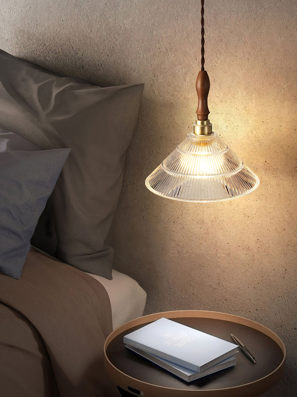 Ripple Glass Pendant Light with Walnut Accents for Modern Interiors