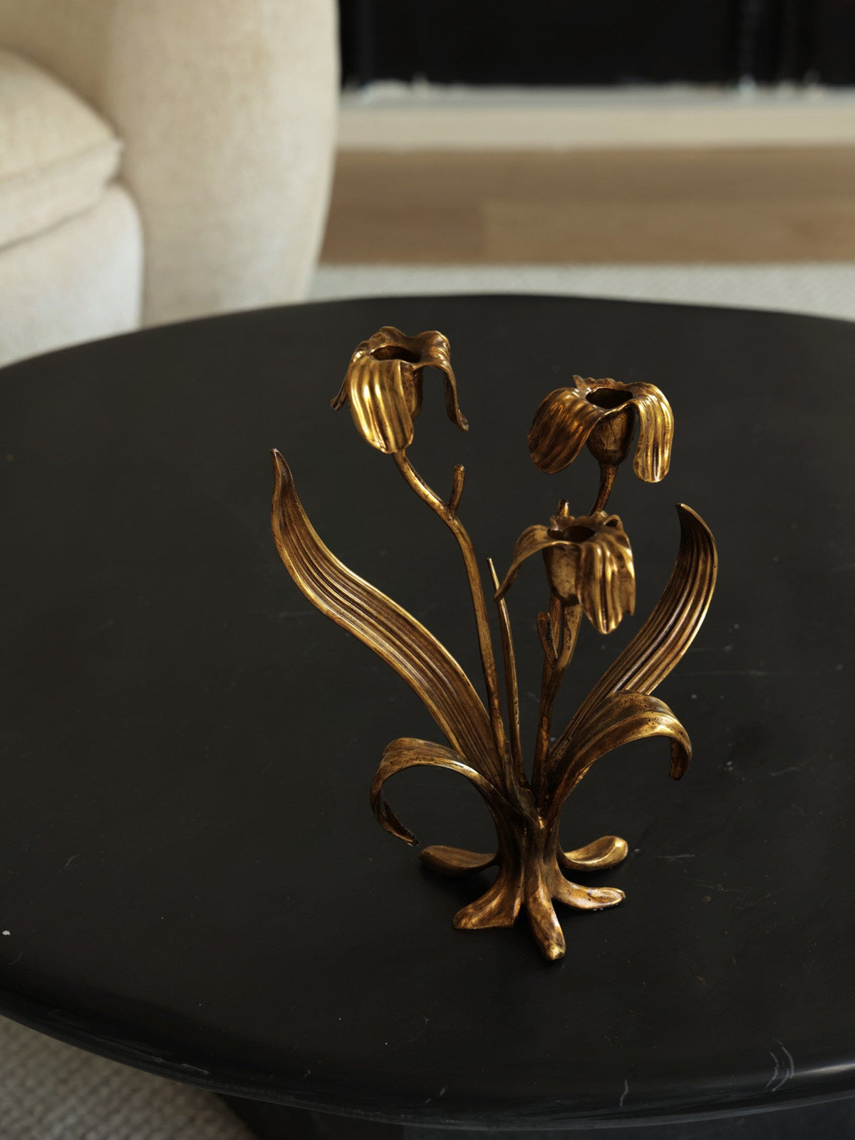 Botanical Bloom Antique Brass Candle Holder Sculptural Table Decor