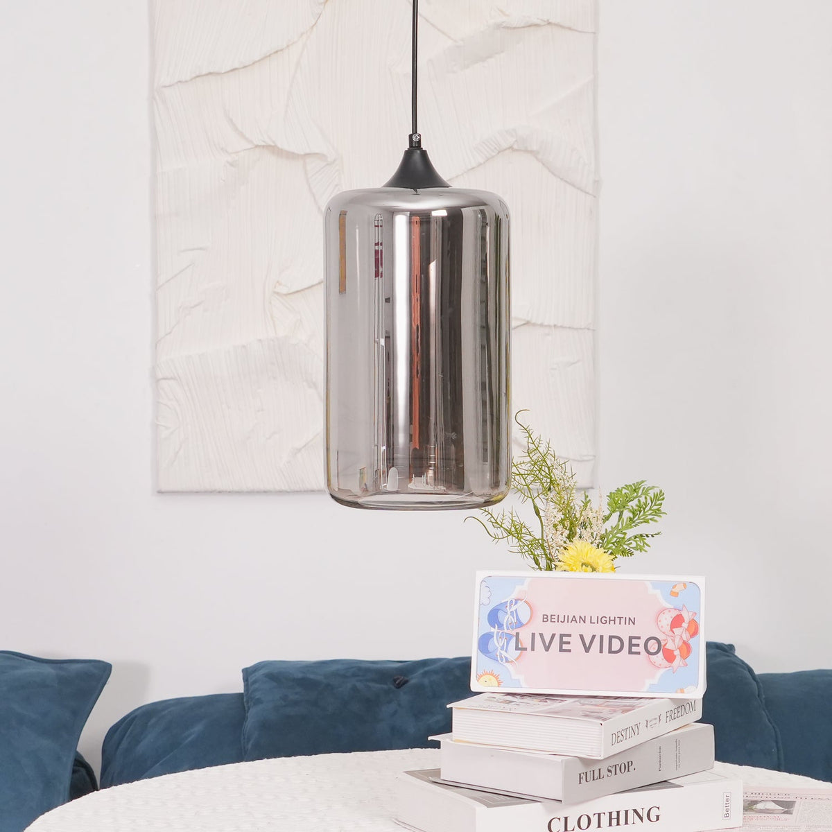 Smoked Glass Swag Pendant Light with Black Metal Accent