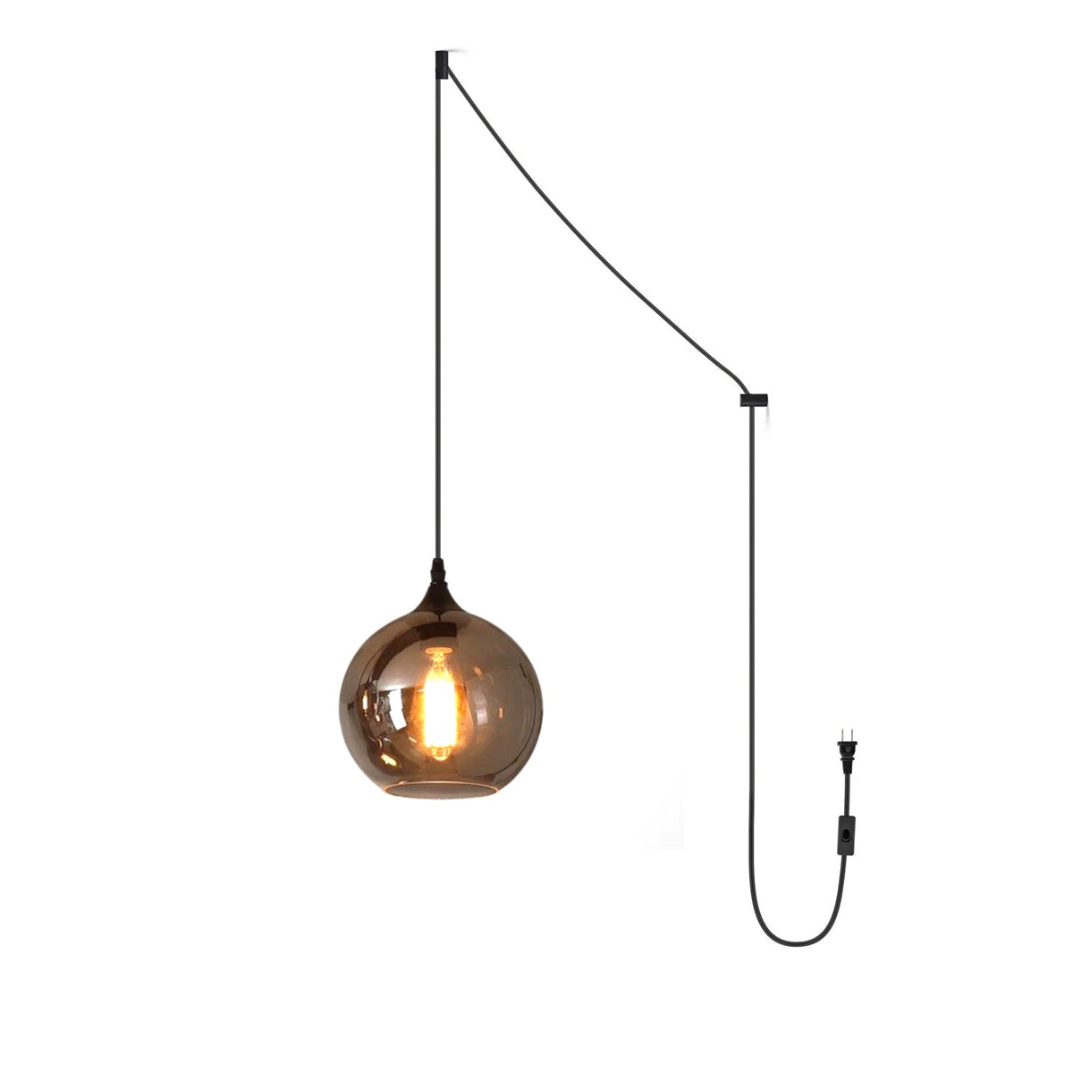 Smoked Glass Swag Pendant Light with Black Metal Accent