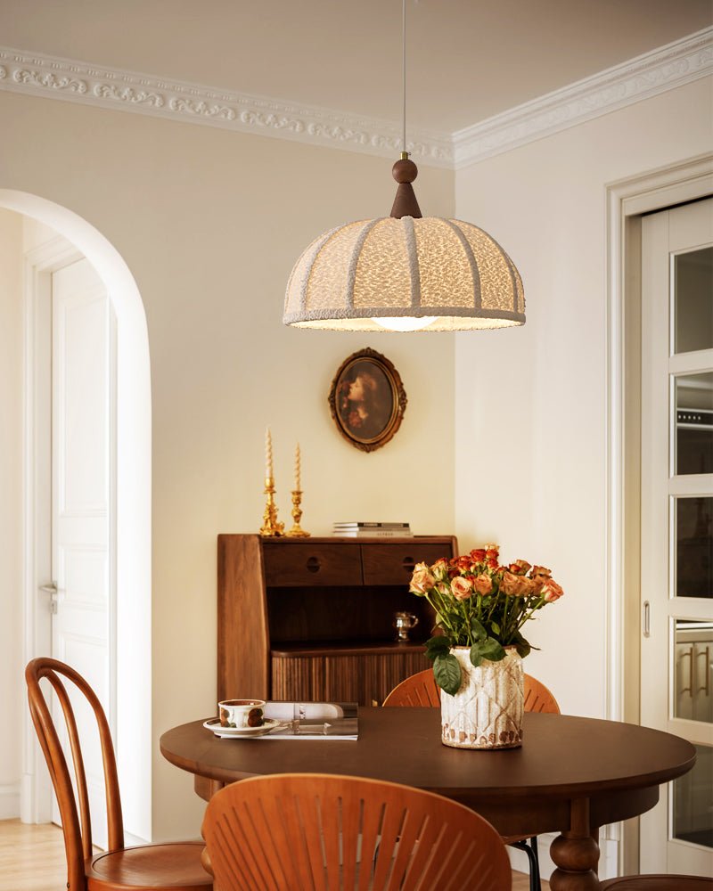 Boucle Harbor Pendant Light – Textured Dome with Walnut Accent