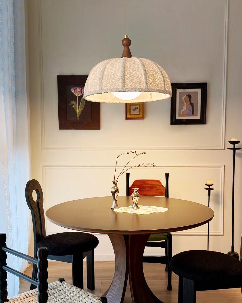 Boucle Harbor Pendant Light – Textured Dome with Walnut Accent