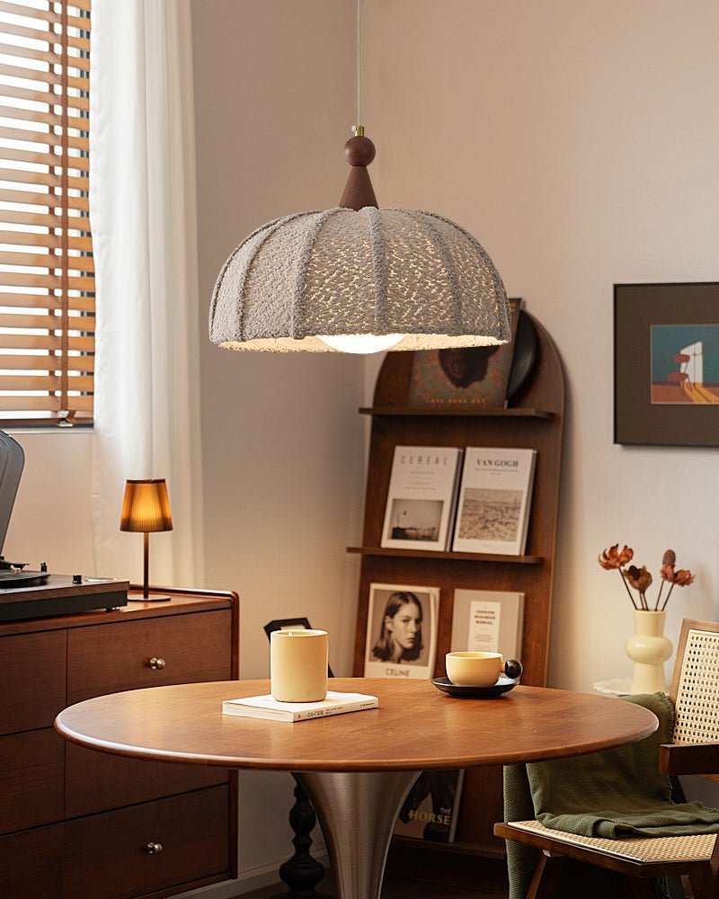Boucle Harbor Pendant Light – Textured Dome with Walnut Accent