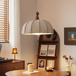 Boucle Harbor Pendant Light – Textured Dome with Walnut Accent