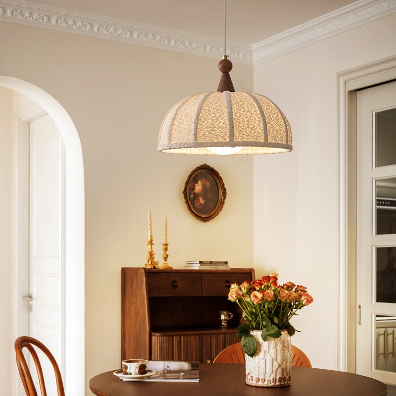 Boucle Harbor Pendant Light – Textured Dome with Walnut Accent