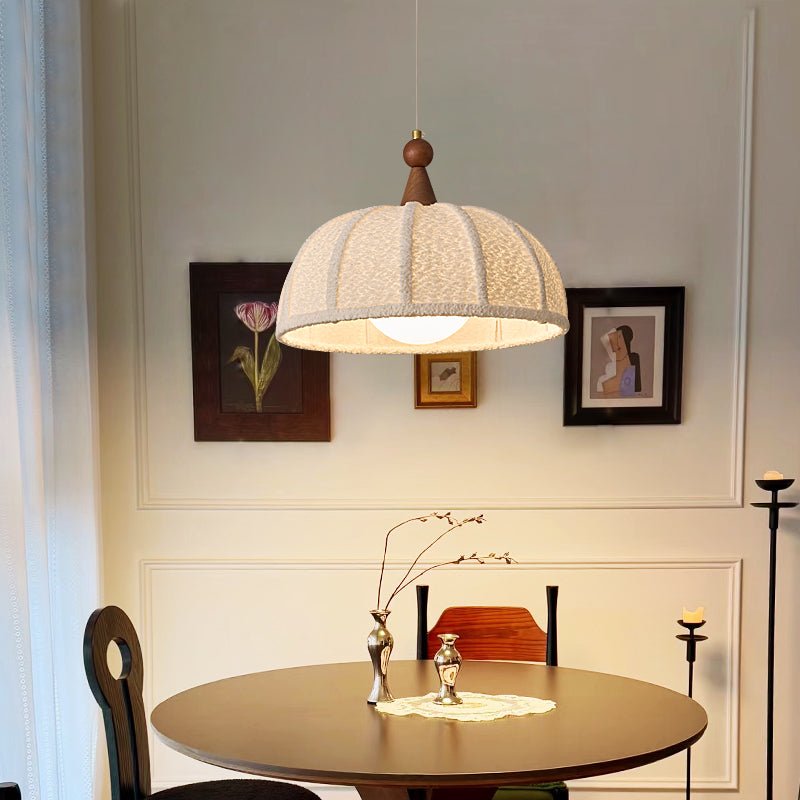 Boucle Harbor Pendant Light – Textured Dome with Walnut Accent