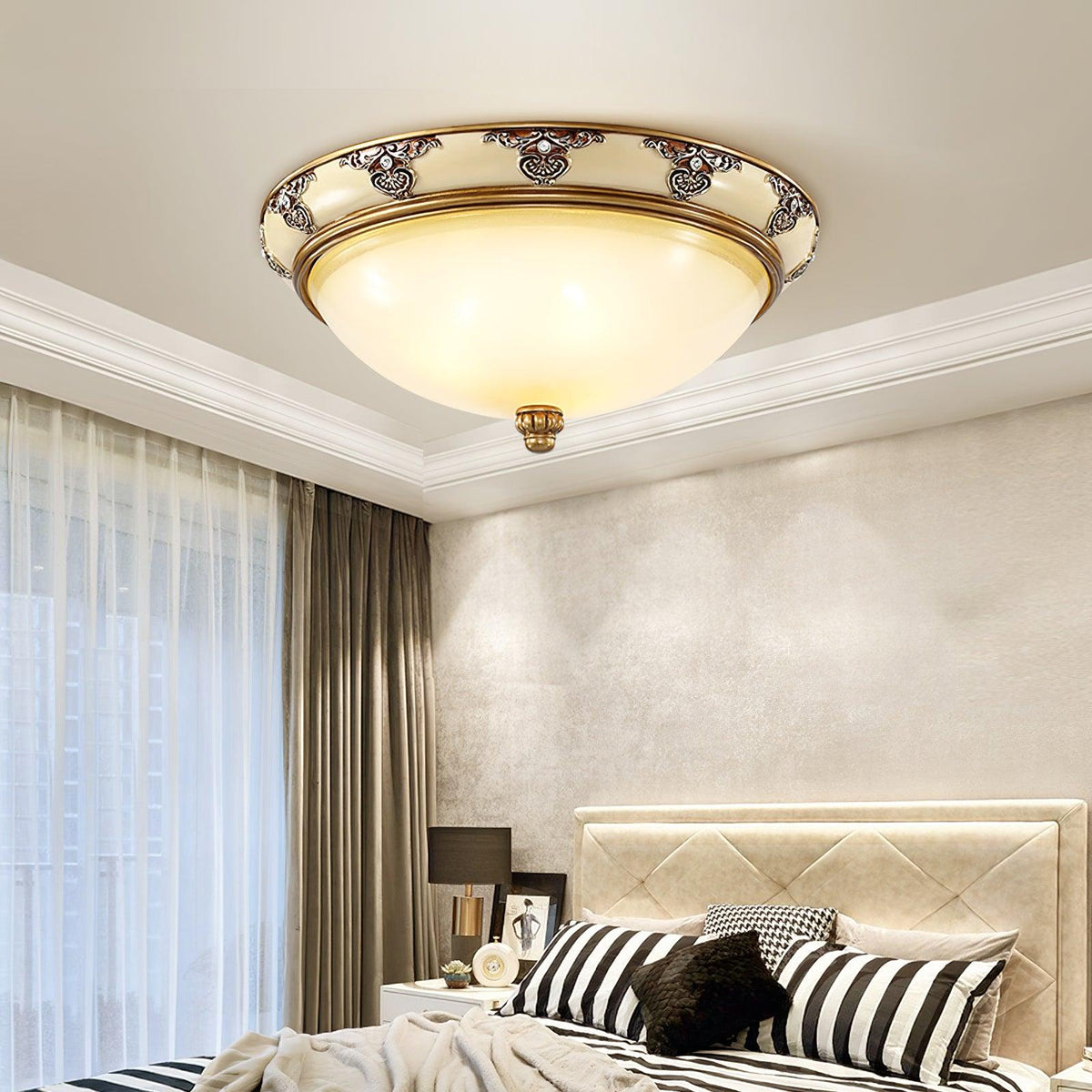 Brahm Flush Ceiling Light – Modern Antique Beige Glass Fixture