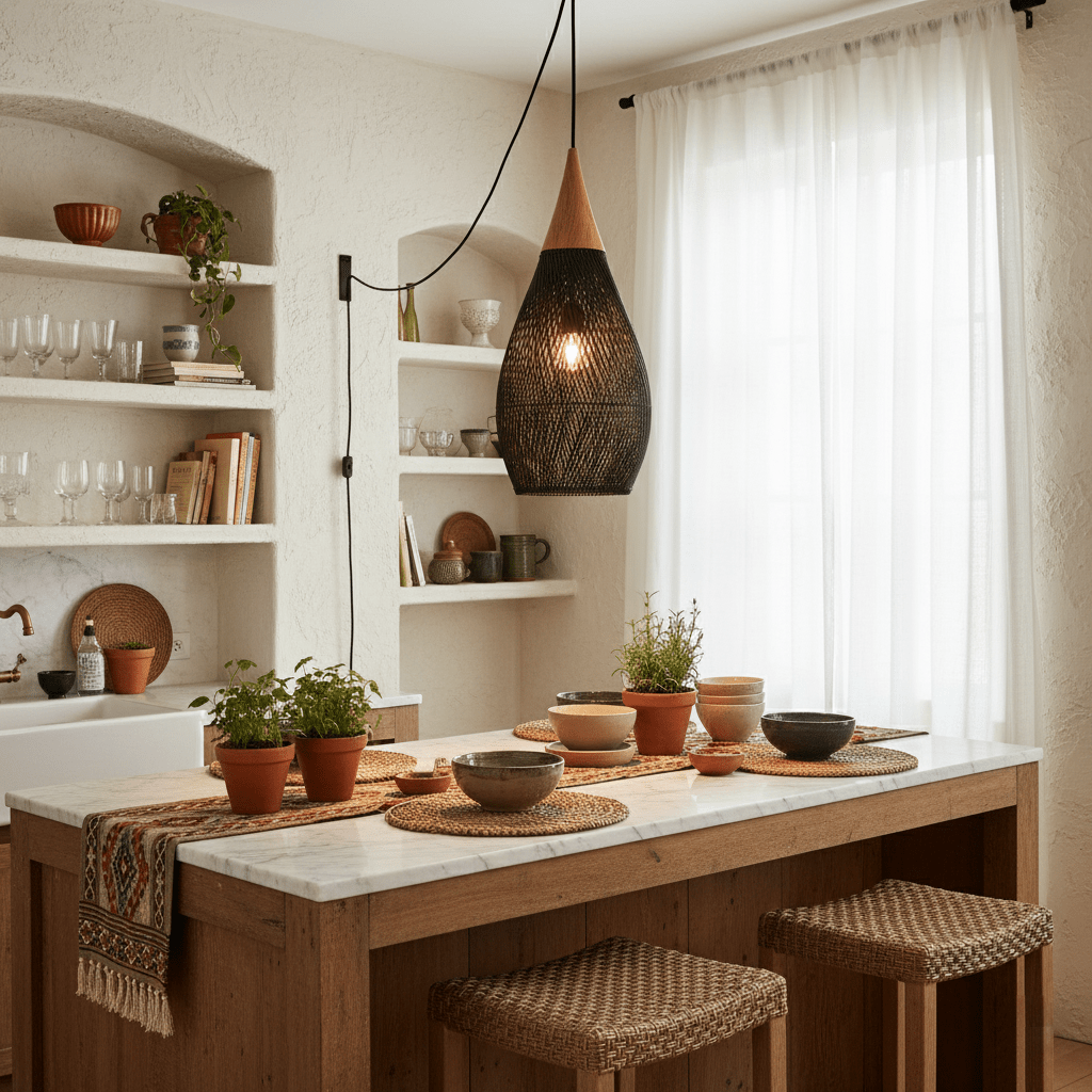 Artisan Braided Rattan Swag Pendant Light with Natural Wood Accents