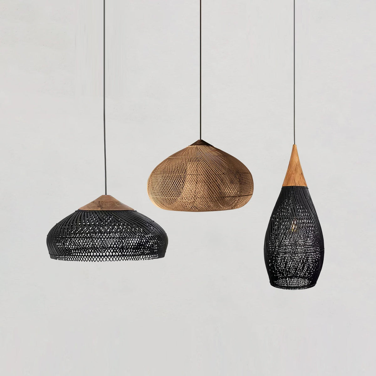 Artisan Braided Rattan Swag Pendant Light with Natural Wood Accents