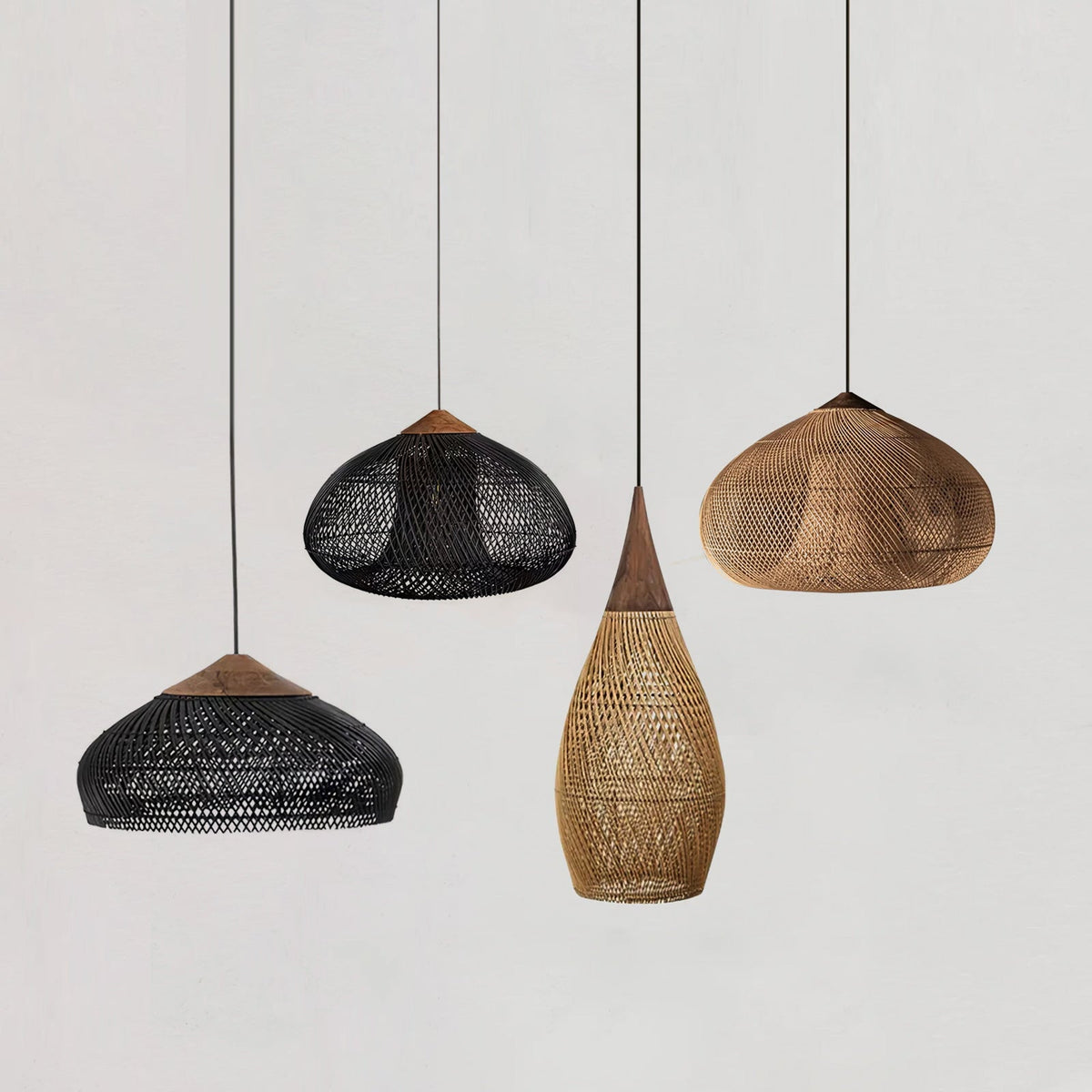 Artisan Braided Rattan Swag Pendant Light with Natural Wood Accents