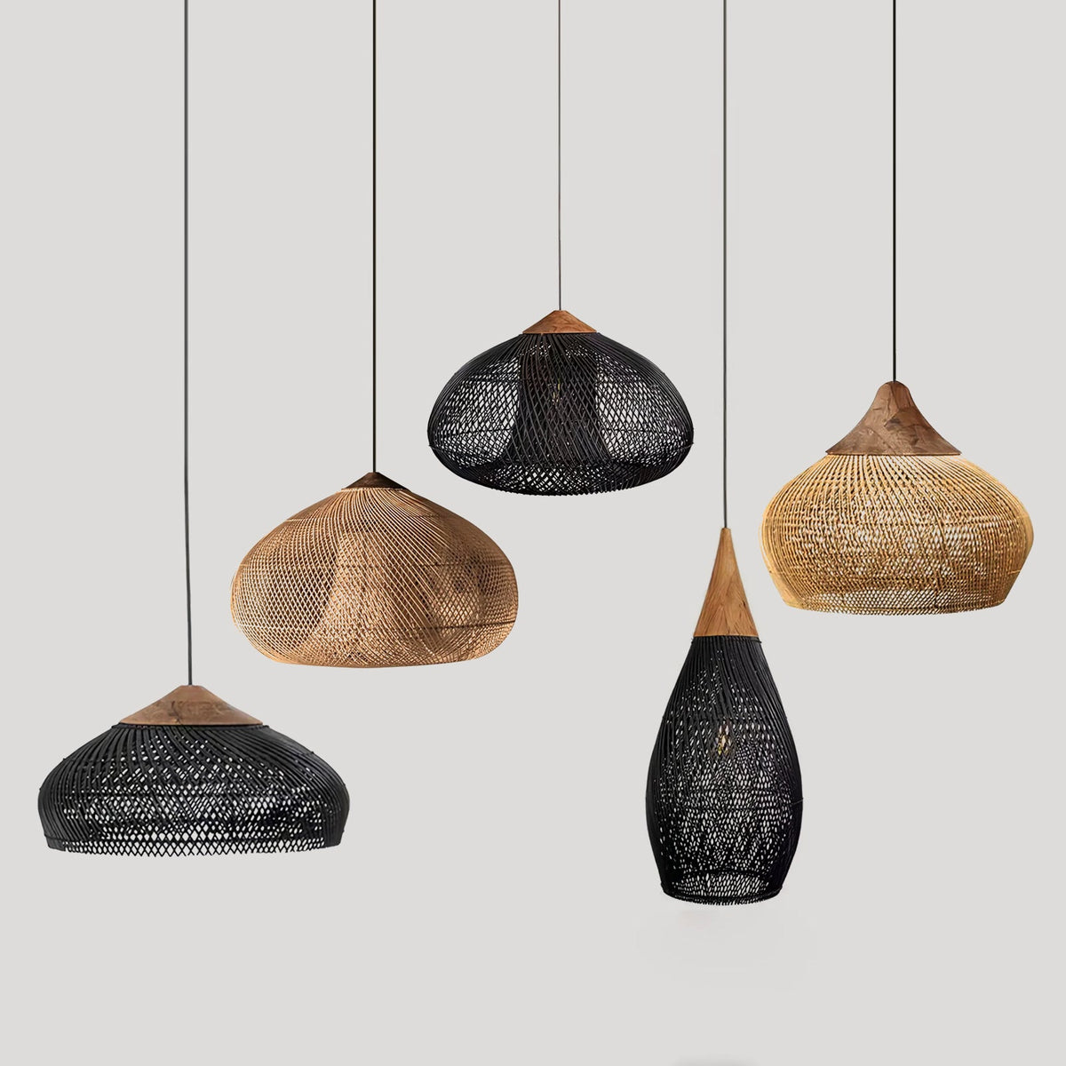 Artisan Braided Rattan Swag Pendant Light with Natural Wood Accents