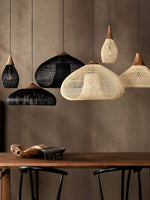 Artisan Braided Rattan Swag Pendant Light with Natural Wood Accents