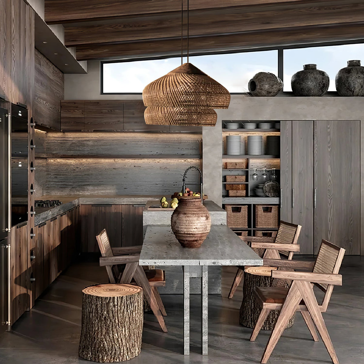 Artisan Braided Rattan Swag Pendant Light with Natural Wood Accents