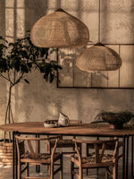 Artisan Braided Rattan Swag Pendant Light with Natural Wood Accents