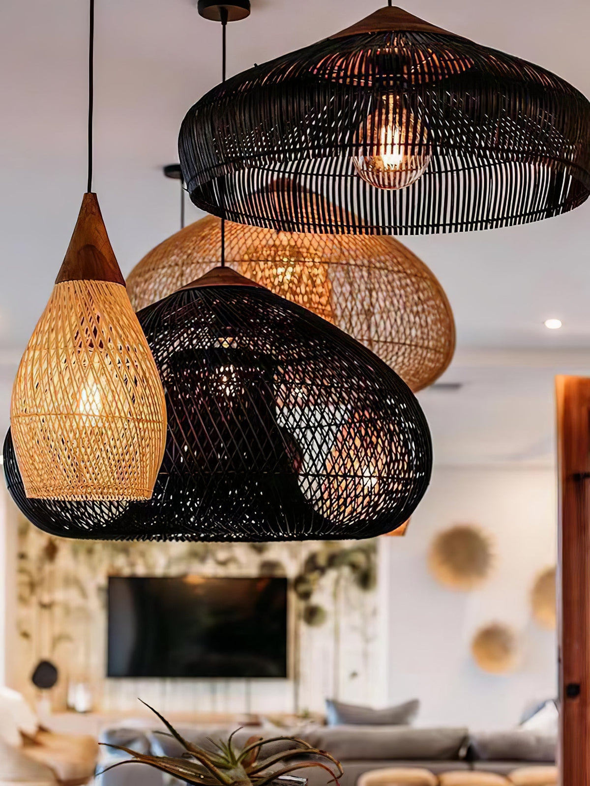Artisan Braided Rattan Swag Pendant Light with Natural Wood Accents
