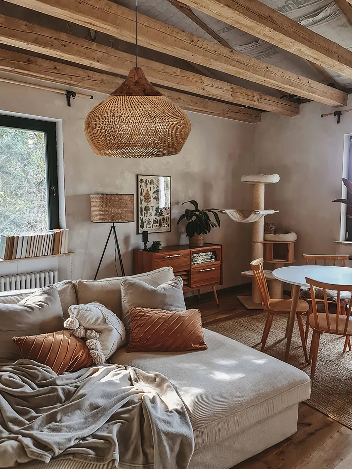 Artisan Braided Rattan Swag Pendant Light with Natural Wood Accents