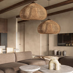 Artisan Braided Rattan Swag Pendant Light with Natural Wood Accents
