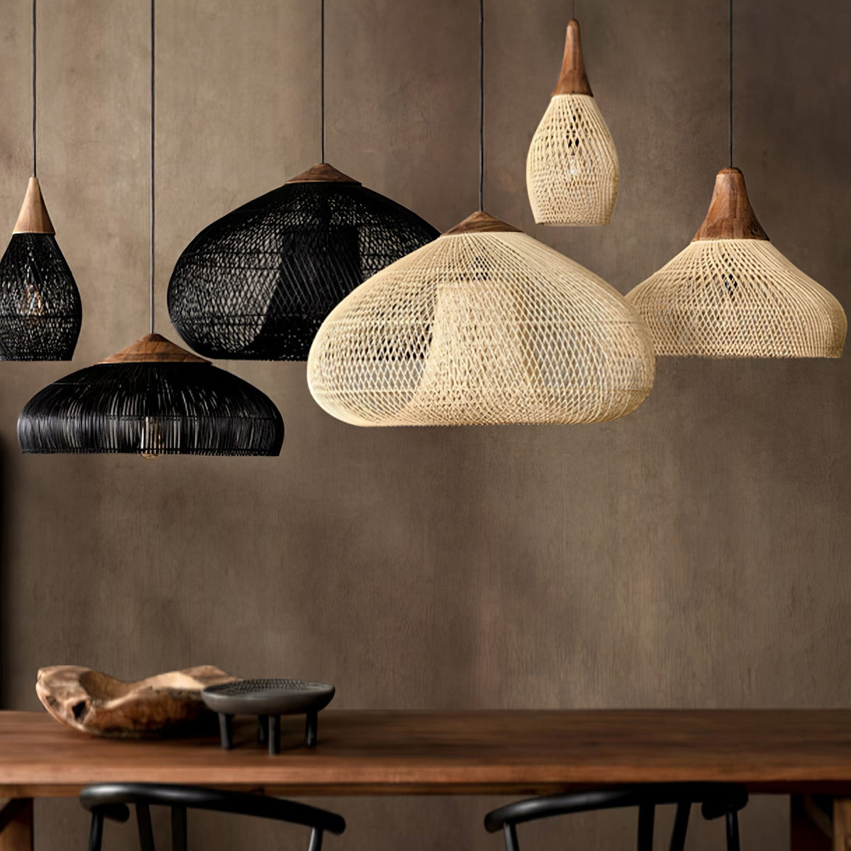 Artisan Braided Rattan Swag Pendant Light with Natural Wood Accents