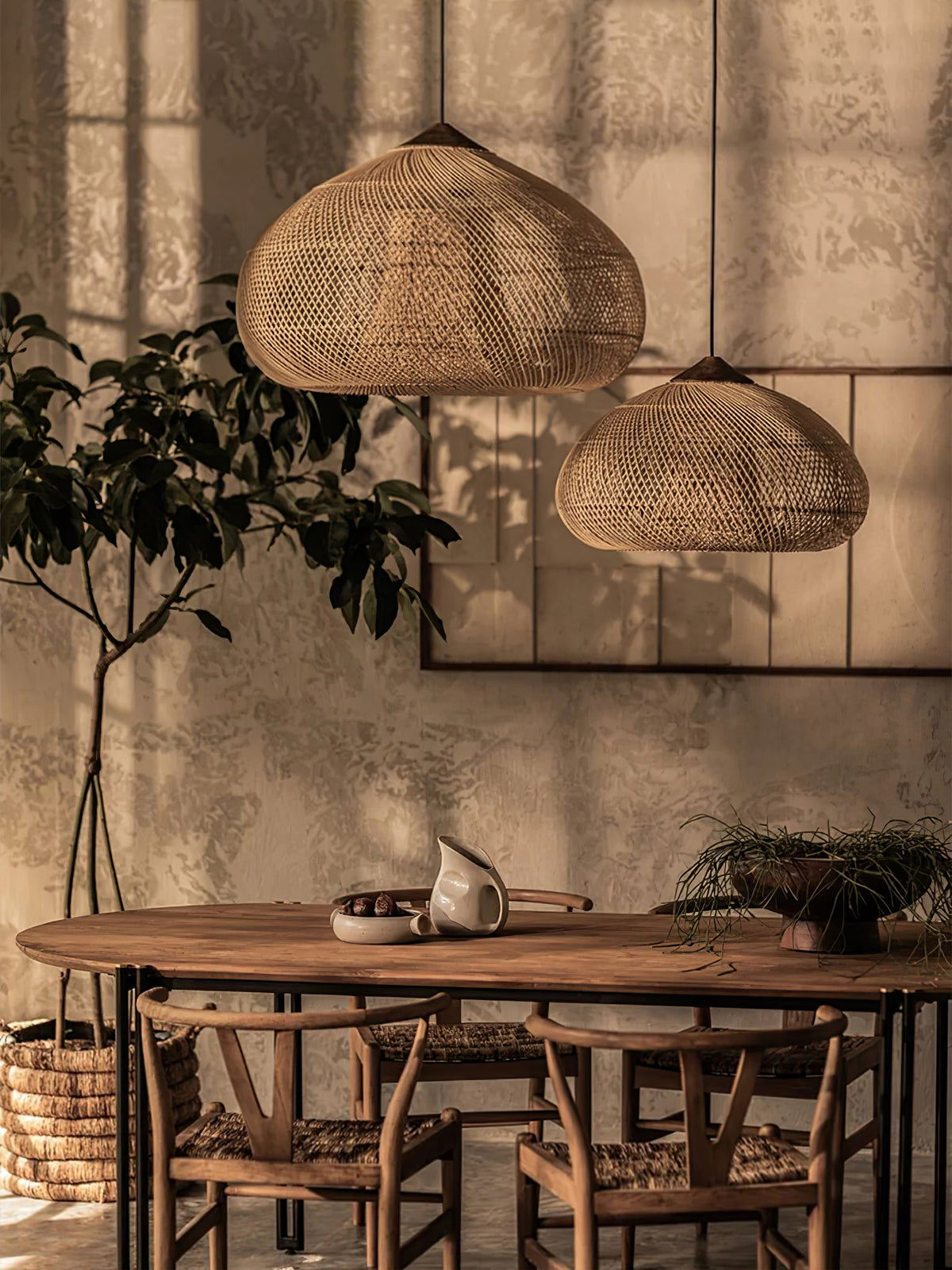 Artisan Braided Rattan Swag Pendant Light with Natural Wood Accents