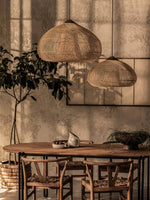 Artisan Braided Rattan Swag Pendant Light with Natural Wood Accents