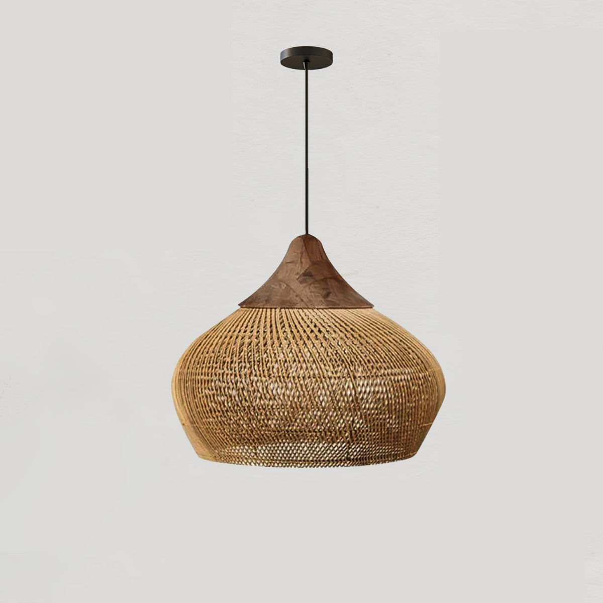 Artisan Braided Rattan Swag Pendant Light with Natural Wood Accents