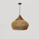 Artisan Braided Rattan Swag Pendant Light with Natural Wood Accents