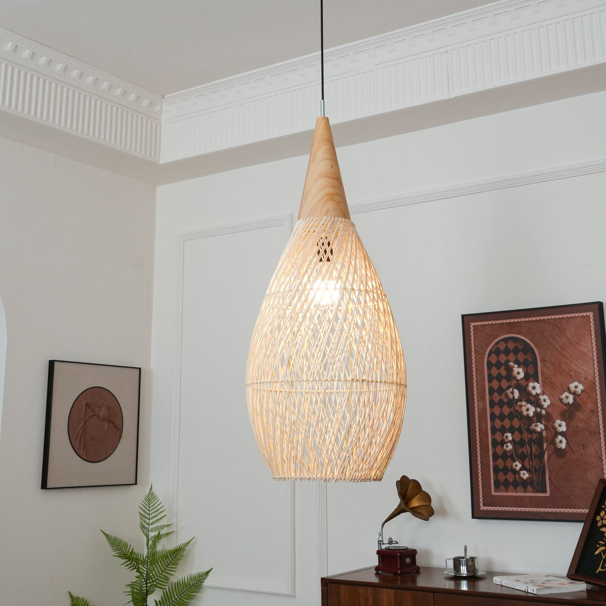Artisan Braided Rattan Swag Pendant Light with Natural Wood Accents
