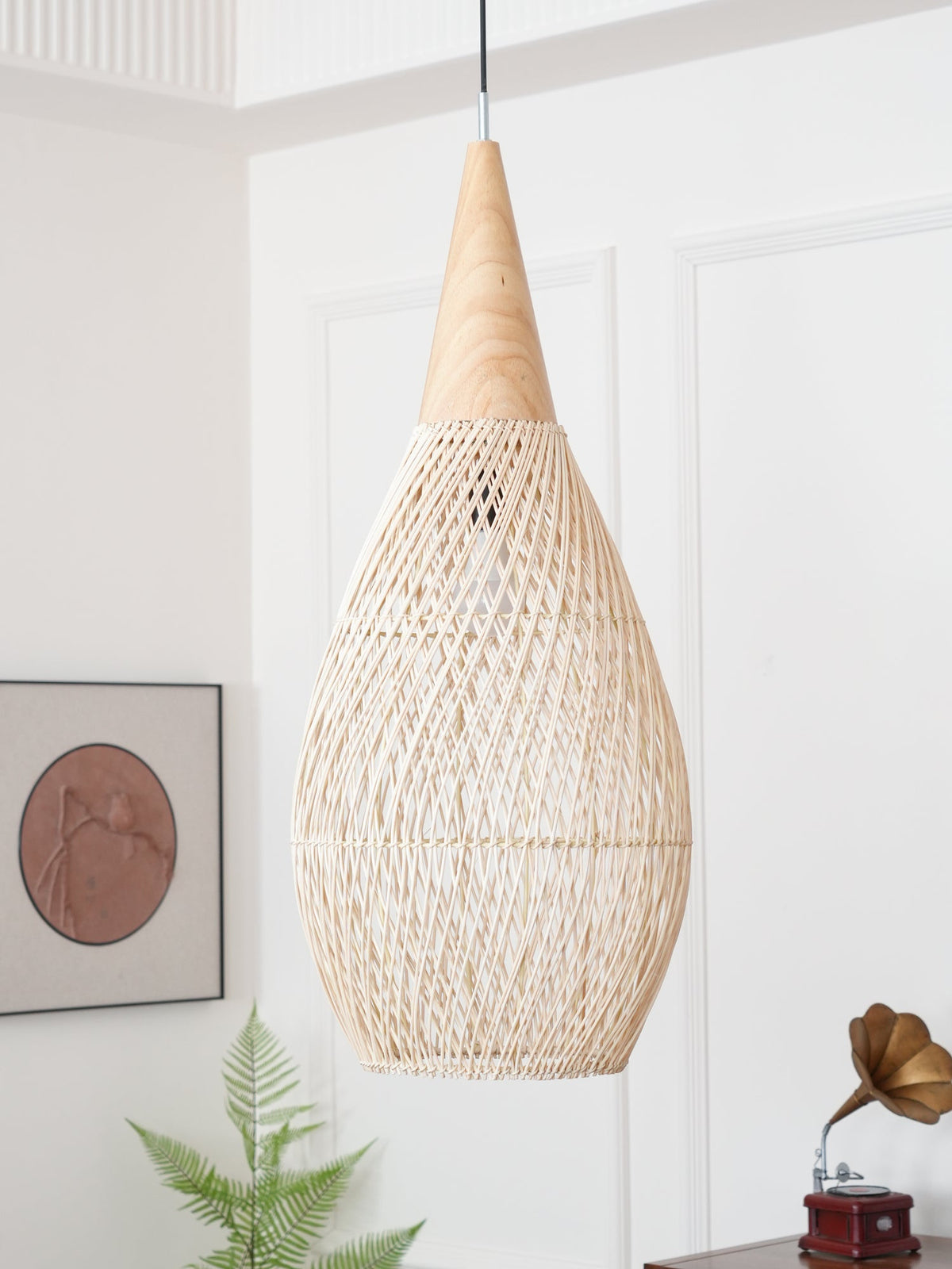 Artisan Braided Rattan Swag Pendant Light with Natural Wood Accents
