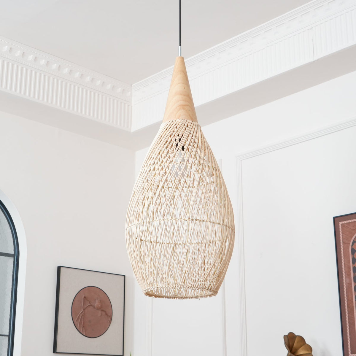 Artisan Braided Rattan Swag Pendant Light with Natural Wood Accents