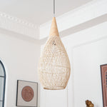 Artisan Braided Rattan Swag Pendant Light with Natural Wood Accents