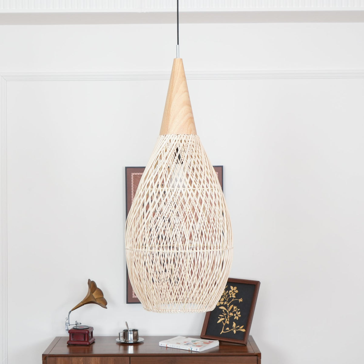 Artisan Braided Rattan Swag Pendant Light with Natural Wood Accents
