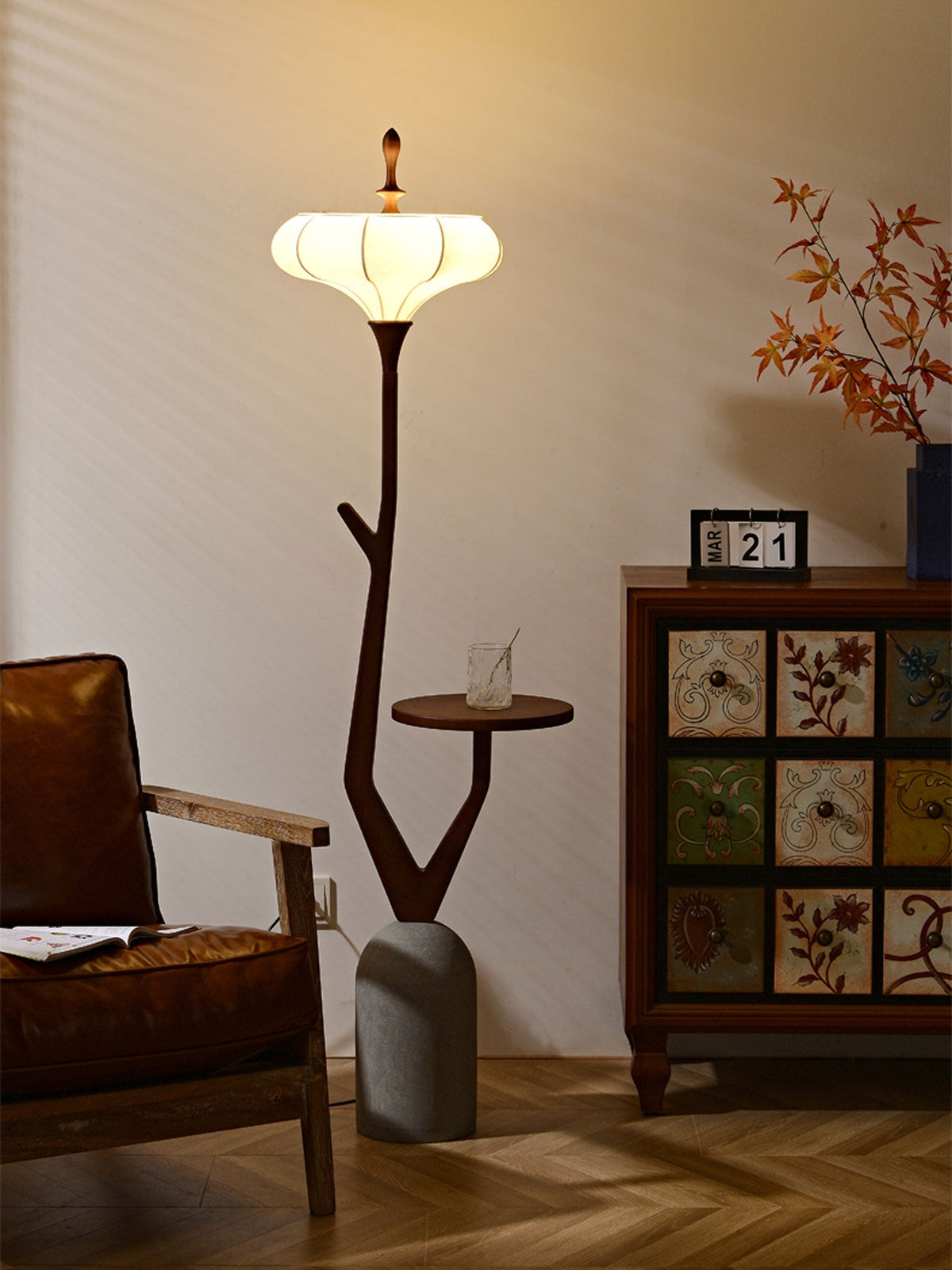 Branche Lantern Wooden Floor Lamp with Side Table for Living Room