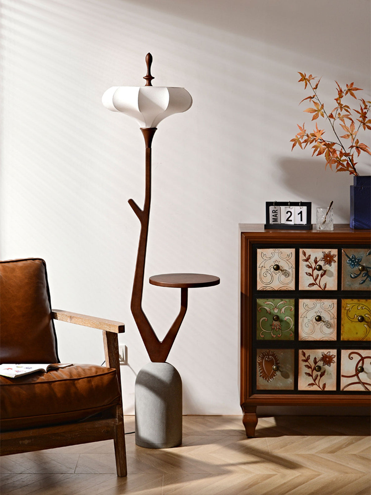 Branche Lantern Wooden Floor Lamp with Side Table for Living Room