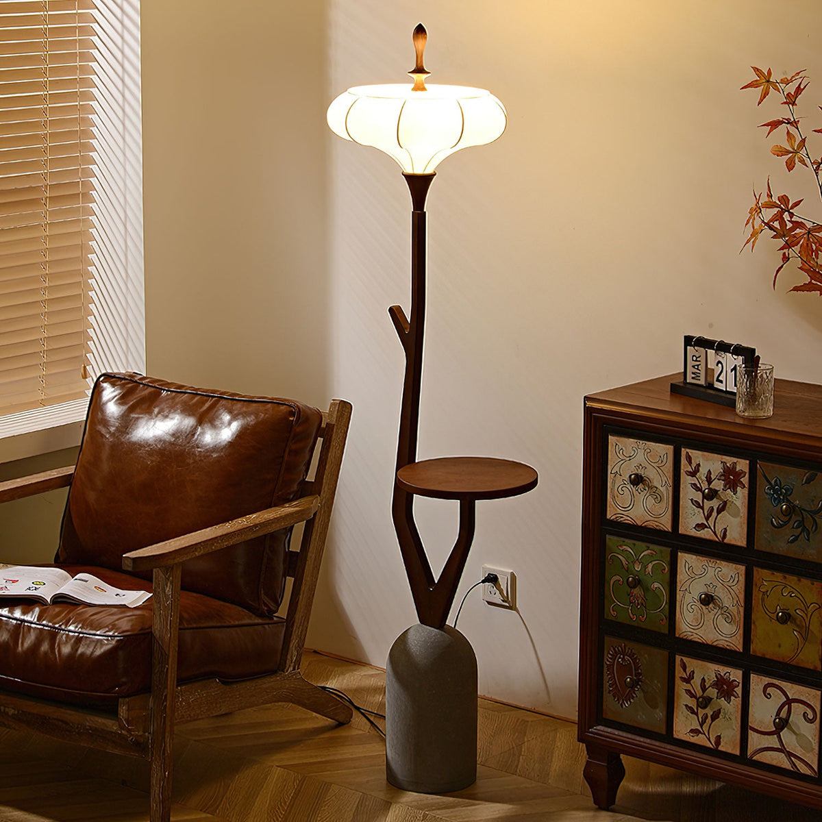 Branche Lantern Wooden Floor Lamp with Side Table for Living Room