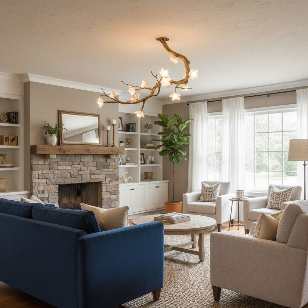 Brass Flower Branch Chandelier with Ceramic Shades for Dining Room and Living Room