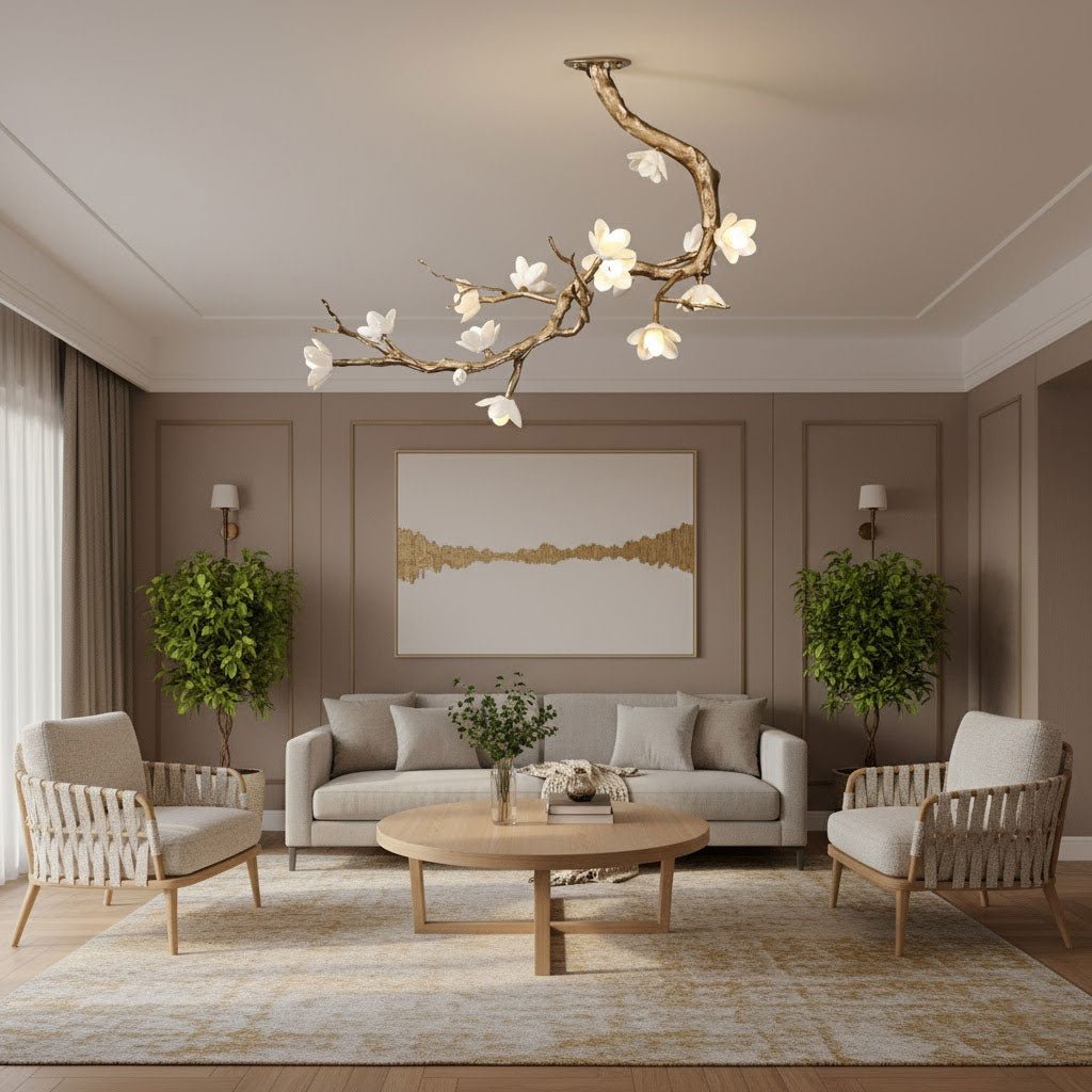 Brass Flower Branch Chandelier with Ceramic Shades for Dining Room and Living Room