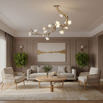 Brass Flower Branch Chandelier with Ceramic Shades for Dining Room and Living Room