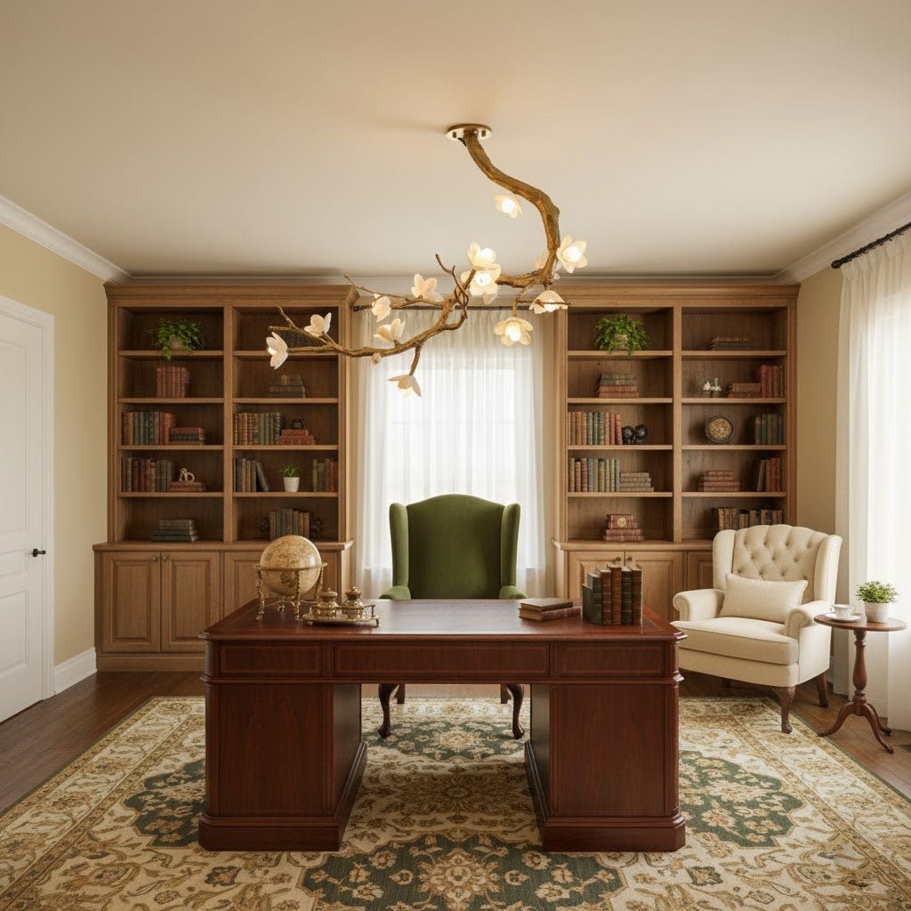 Brass Flower Branch Chandelier with Ceramic Shades for Dining Room and Living Room