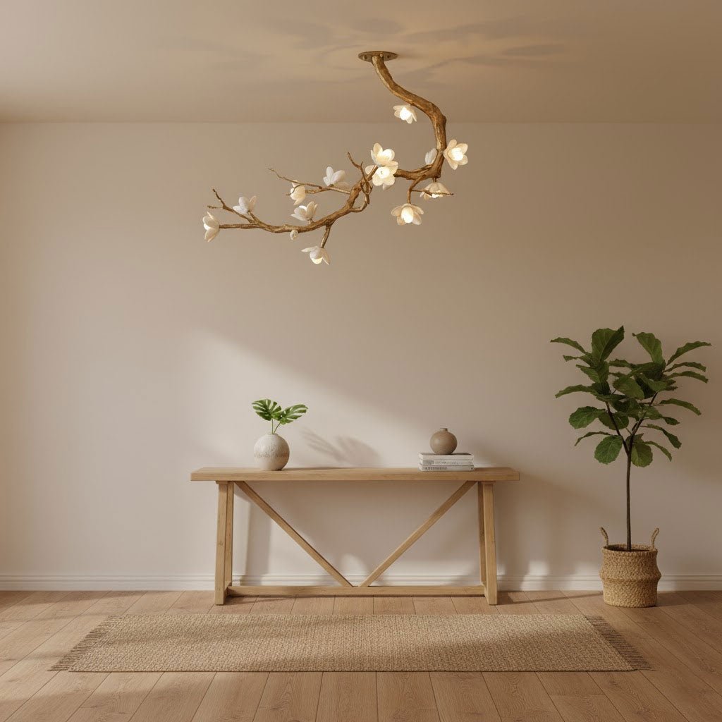 Brass Flower Branch Chandelier with Ceramic Shades for Dining Room and Living Room